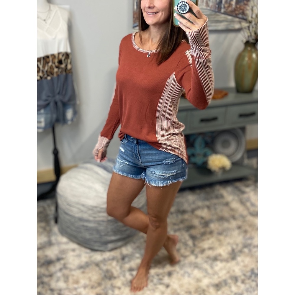 ❤️‍🔥Thumbhole Ribbed Contrast Soft Long Sleeve Top Rust 3621 - Picture 2 of 9